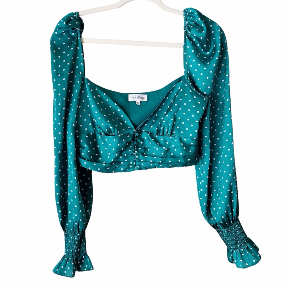 Privacy Please x Revolve | Satin Polka Dot Crop Top Sweetheart Long Sleeves M - Picture 2 of 8